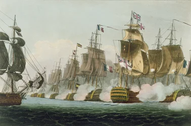 Slaget vid Trafalgar, 21 oktober 1805, graverat av Thomas Sutherland för J. Jenkins 